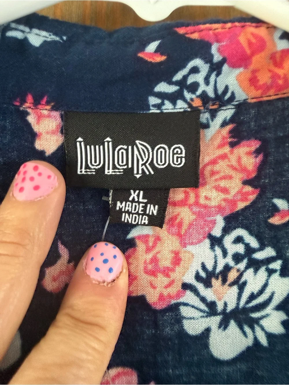 LuLaRoe Navy Floral Button-Front Dress with Pink & Coral Blooms - Picture 4 of 5